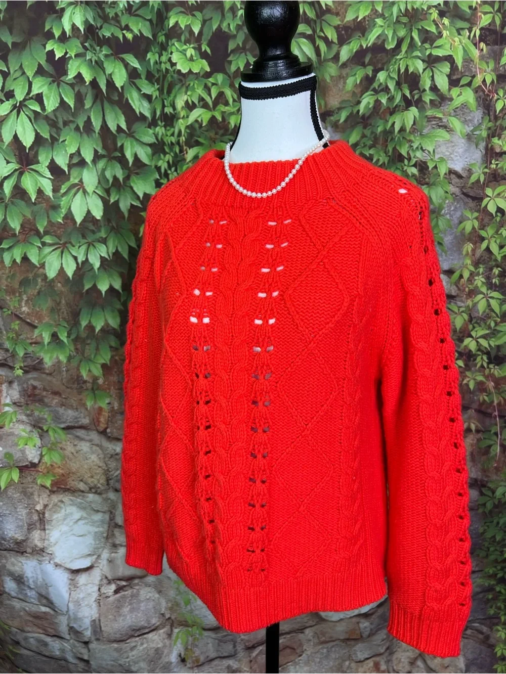 J. CREW Orange/Red Cable Knit Preppy Coastal Crewneck Sweater, M